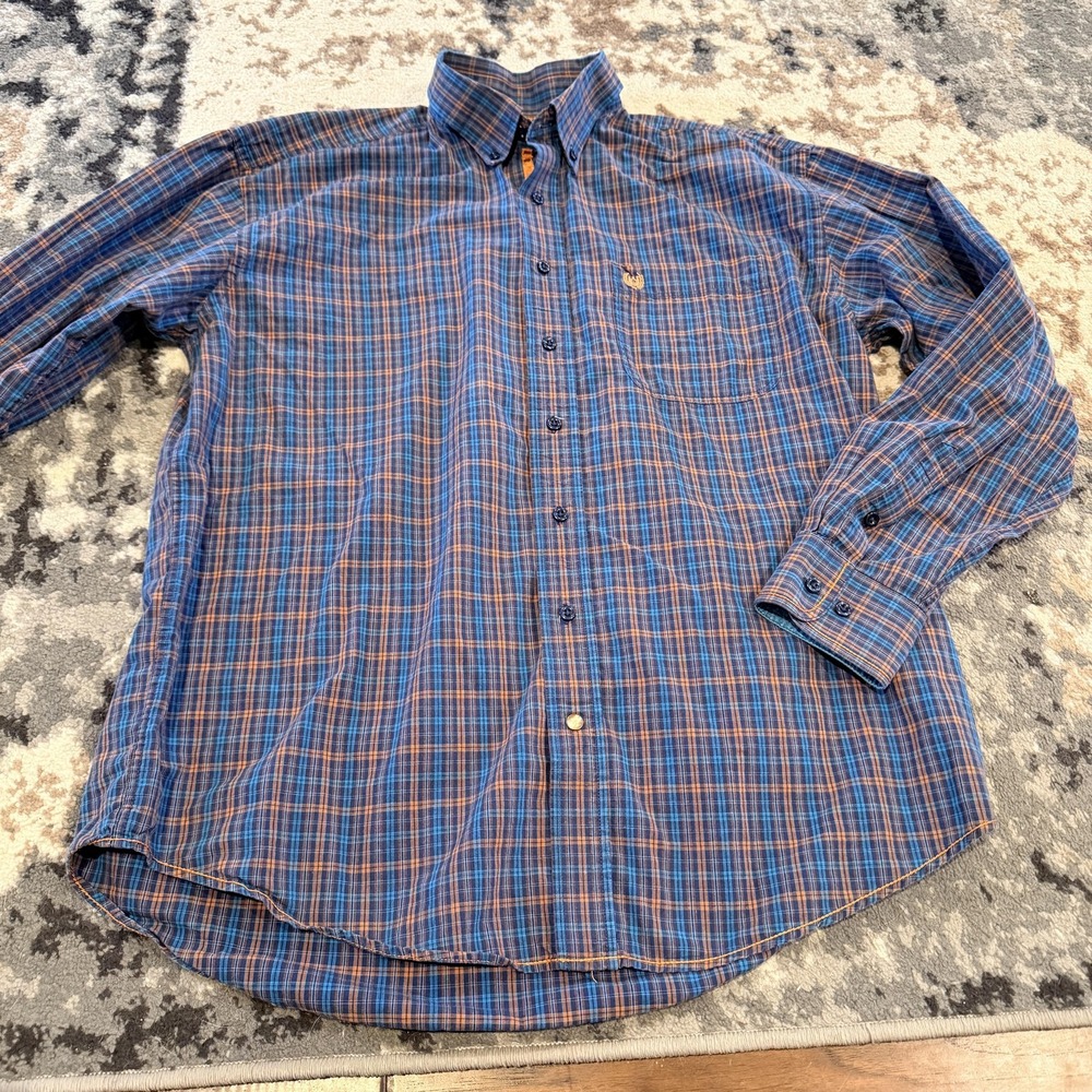 Panhandle Rough Stock Shirt Mens Large Blue Plaid Western rodeo roping ranchwear